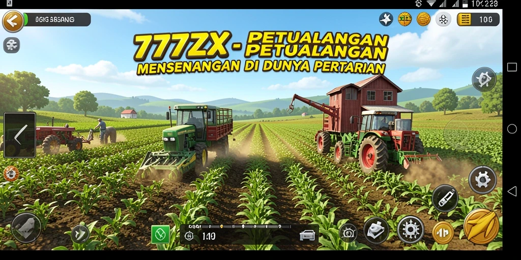 Screenshot permainan 777ZX menampilkan kebun yang indah dan hewan ternak yang menggemaskan.