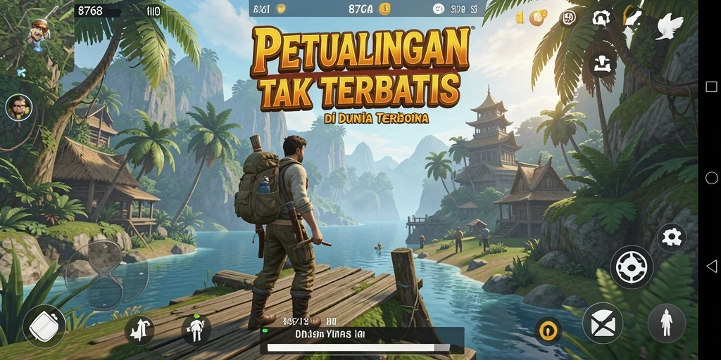 Tangkapan layar menunjukkan pemain menjelajahi dunia terbuka yang indah.