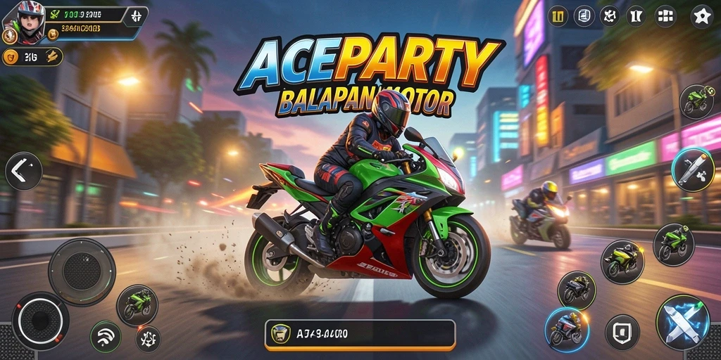 Gameplay mendebarkan di ACEPARTY dengan balapan motor yang cepat dan seru.