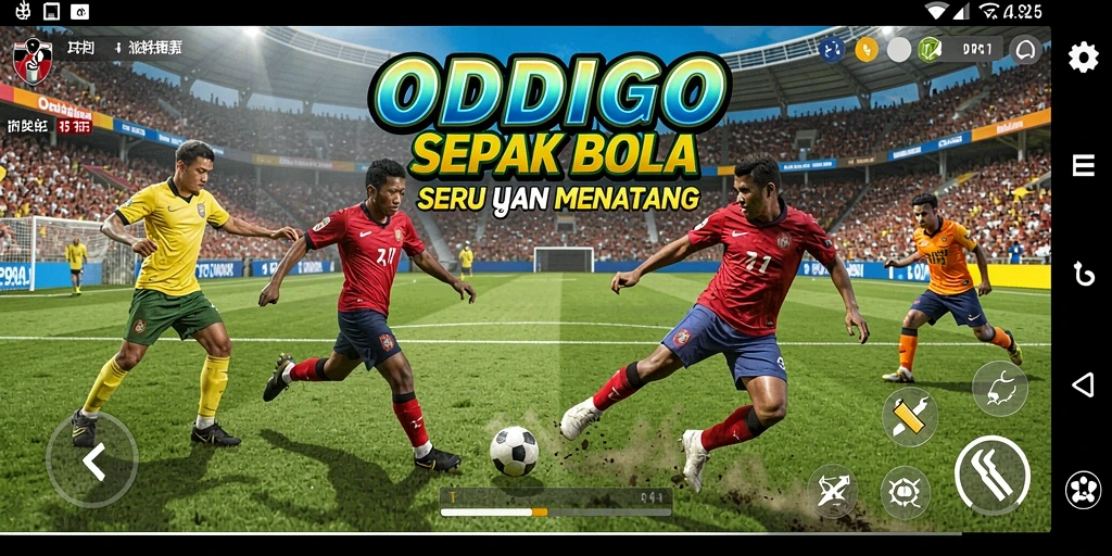 Screenshot utama ODDIGO menampilkan aksi mendebarkan dalam permainan sepak bola.