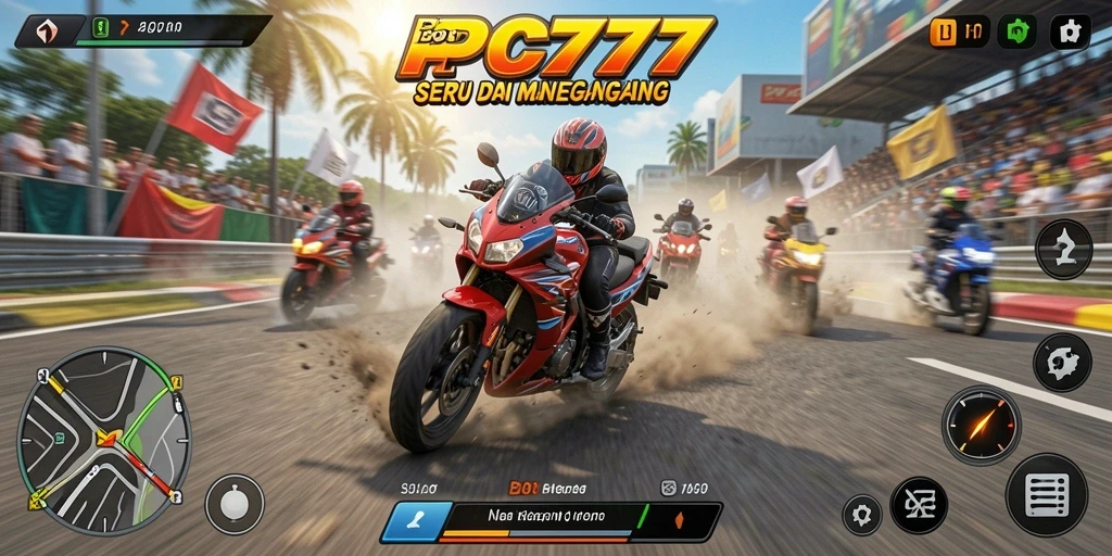 Screenshot utama PC777 menampilkan aksi balapan motor yang mendebarkan.