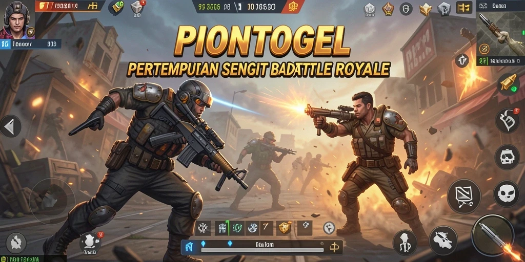 Screenshot gameplay PIONTOGEL menampilkan pertempuran intens Battle Royale.