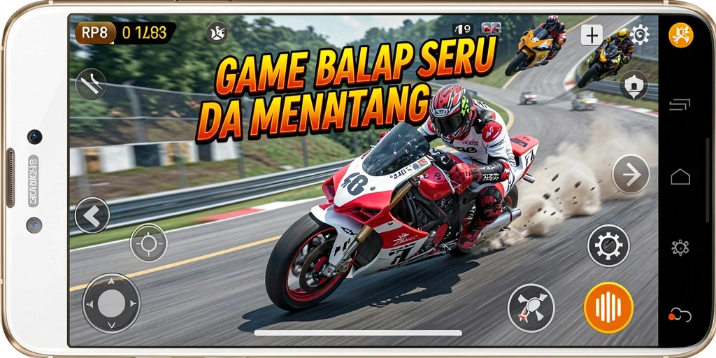 Screenshot utama RP8 menunjukkan aksi balapan yang intens dan seru.
