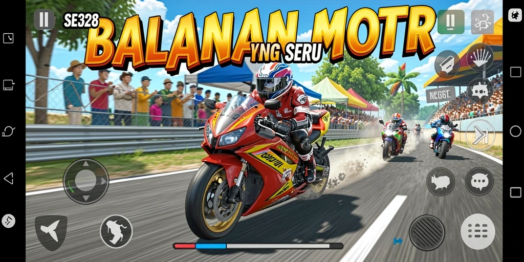 Screenshot SE328 menampilkan aksi balapan motor yang mendebarkan.