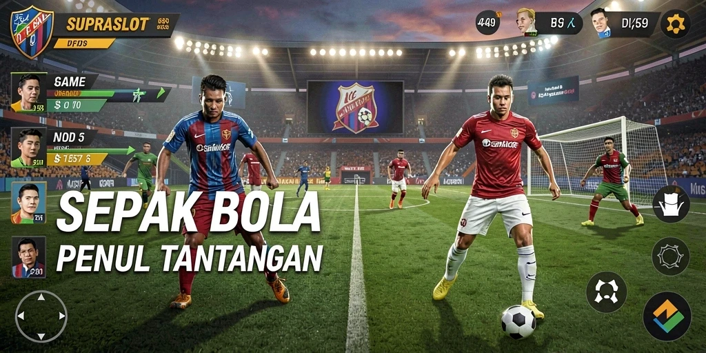 Screenshot utama SUPRASLOT dengan gameplay sepak bola yang mendebarkan.