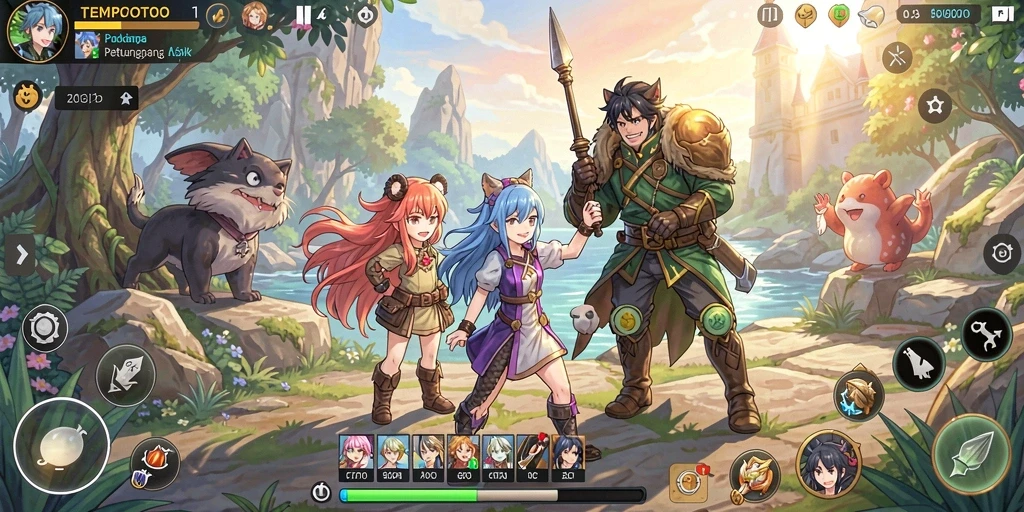 Tampilan gameplay TEMPOTOTO yang penuh warna dan karakter menarik.