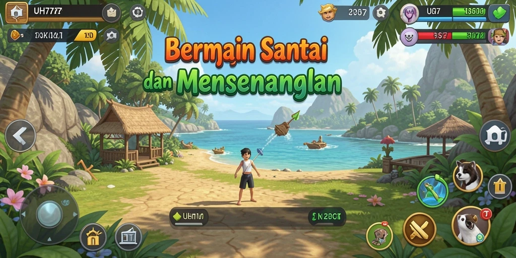 Screenshot UH77 menunjukkan gameplay santai yang penuh warna.